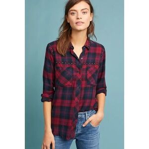 Anthropologie Rails Studded Rex Red and Blue Plaid Button Down Shirt Fray Hem